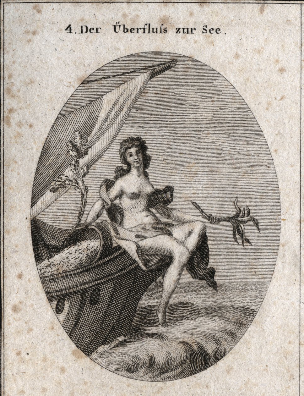 Allegori om maritim överflöd representerad av Ceres sittande på fören av ett skepp. Hon håller i en bukett hampa, en knägren på vilken silkesmaskkokonger är fästa. Det lutar sig mot korn som hänger tillbaka i båten. Gravyr i "" Iconologie eller Idee av Austrian School