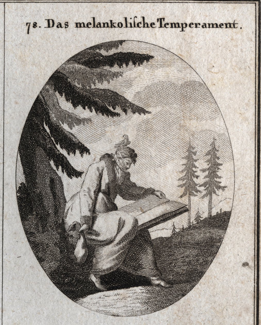Allegori om melankolisk hy. Han håller en bok och en handväska, och hans mun är stängd med en ögonbindel. En fågel sitter på hans huvud. Gravyr i "" ikonologi eller idéer från området passioner och allegorier avbildade för ritare, Mah av Austrian School