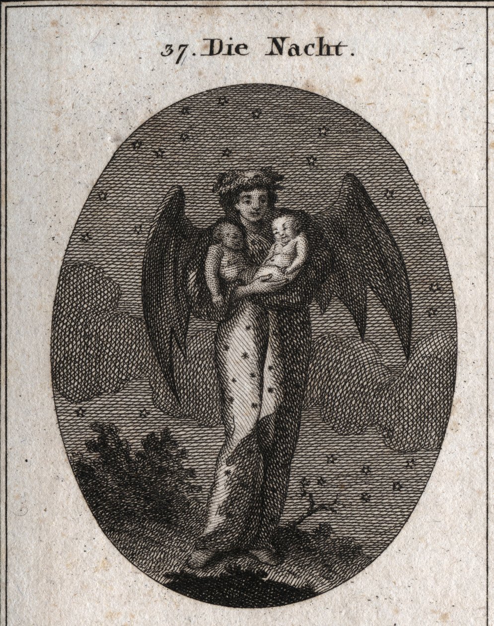 Allegori om natten representerad med fladdermusvingar (fladdermus). Hon håller två barn sova, ett vitt och det andra svart (dröm och mardröm). Gravyr i "" ikonologi eller idéer från området passioner och allegorier avbildade för ritare av Austrian School