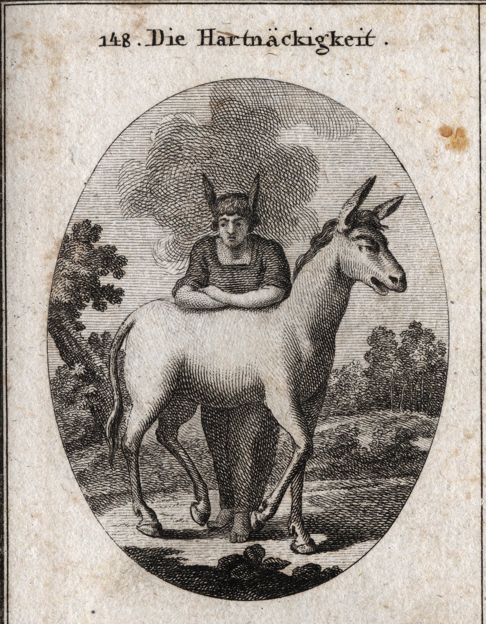 Allegori om envishet lutad mot en mula. Åsnöronen på hans huvud är okunnighetens och envishetens emblem. Ångan runt hans huvud betyder att hans intelligens är mörk. Gravyr i "" Iconologie oder Ideen aus dem Gebiete der Leidenschaften und Allego av Austrian School