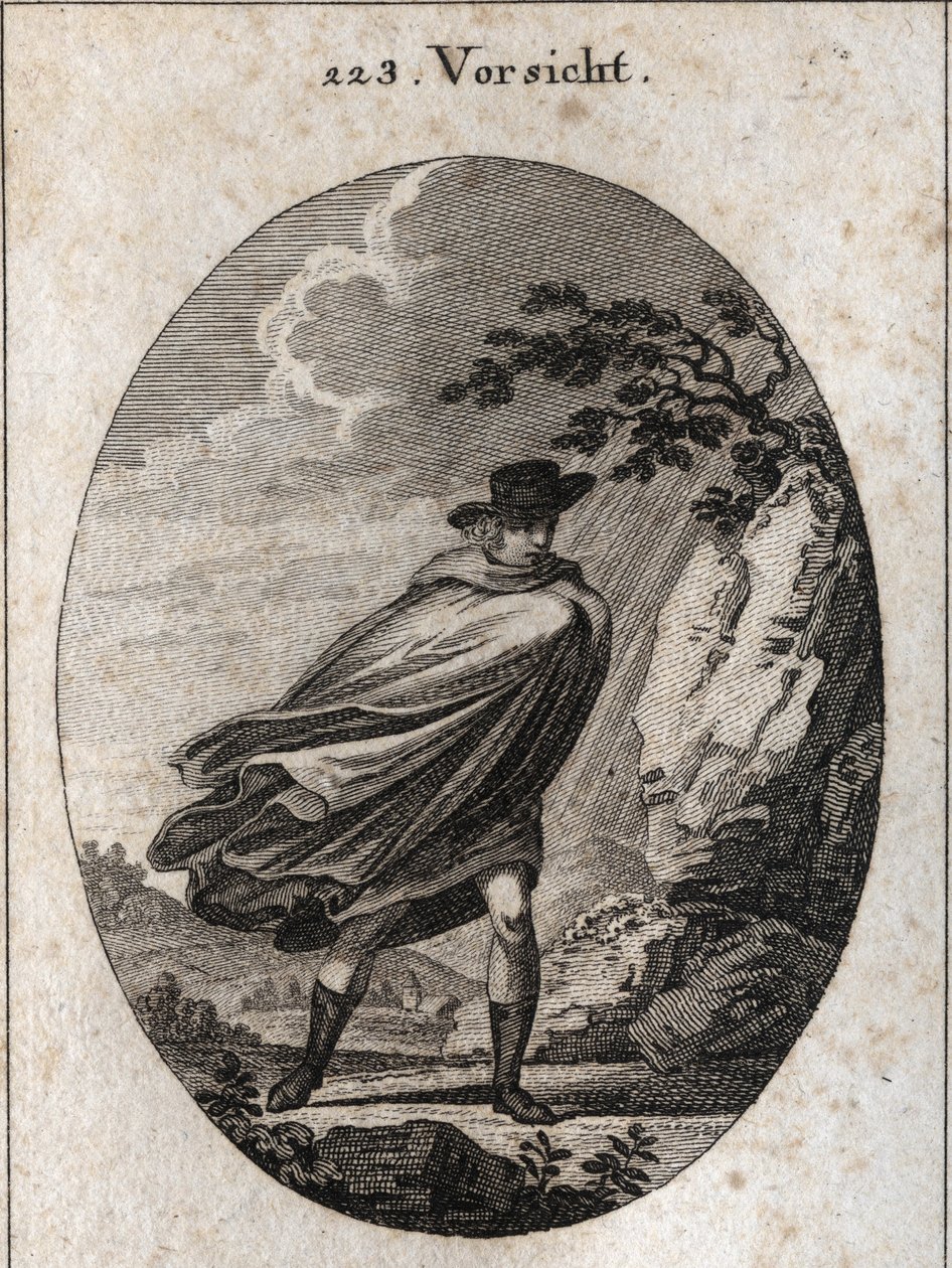 Allegory of Providence. Uttryck: När det är fint väder, ta din kappa, när det regnar, ta den, om du vill. Gravyr i "" ikonologi eller idéer från området passioner och allegorier avbildade för ritare, målare, poeter, ge av Austrian School