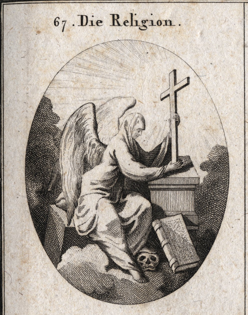 Allegori över religion. En vit slöja täcker hans huvud för att indikera att myster är ogenomträngliga. Hon sitter på en hörnsten och håller ett strålande kors på ett altare som i botten finns boken med de fyra evangelierna. Hans fot på dödens huvud markera av Austrian School