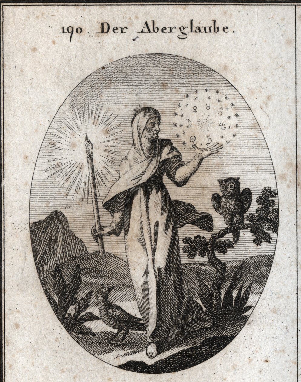 Allegori om vidskepelse. Hon håller ett levande ljus och en cirkel av stjärnor som omger tecknen på de sju planeterna som hon anser vara oroliga. Dess egenskaper är ugglan och kråkan. Gravyr i "" Iconologie oder Ideen aus dem Gebiete der Lei av Austrian School