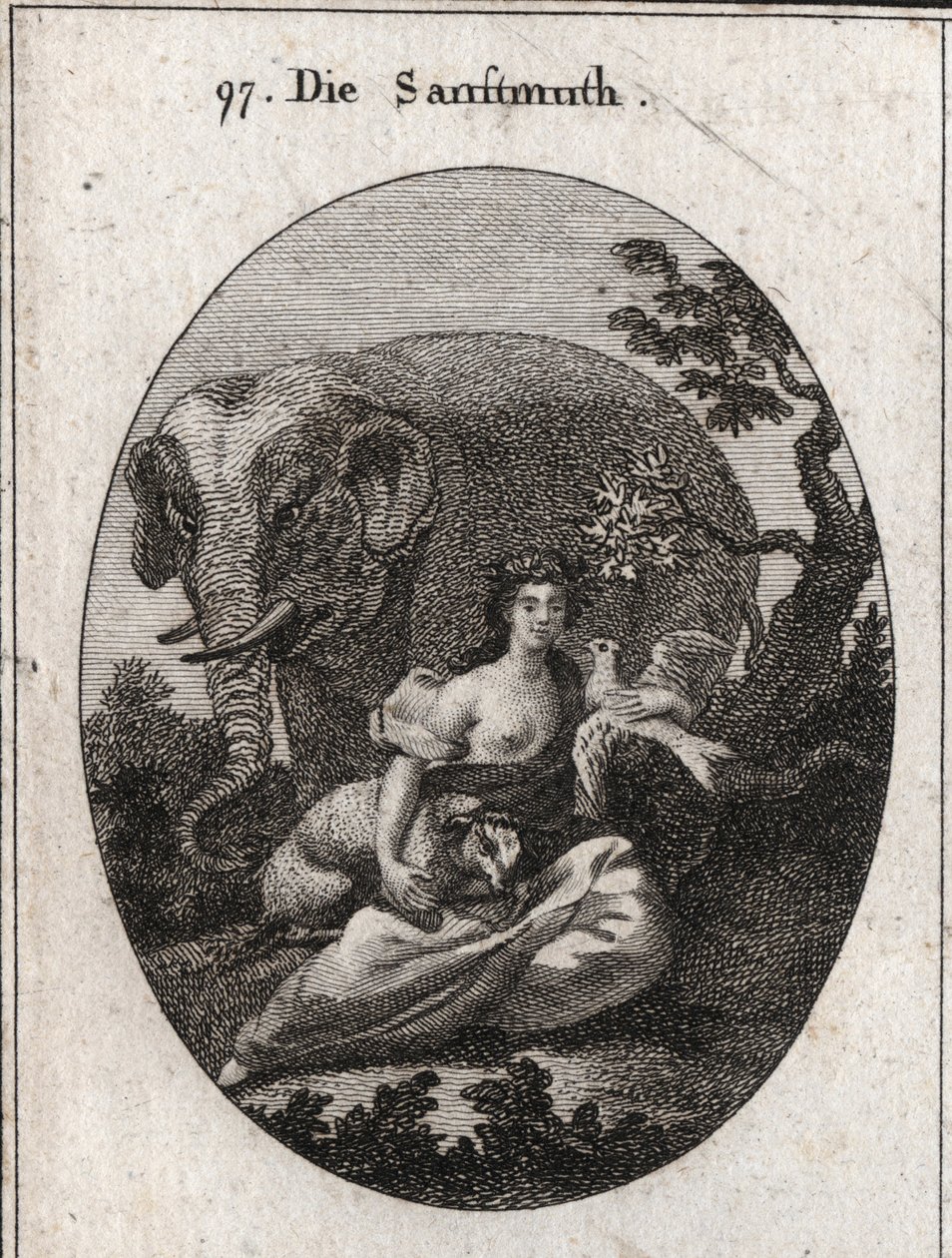Allegori av sötma eller mansuetude, krona av olivträd för symbolen för fred. Dess attribut är elefanten, som representerar hjärtats godhet, lammsymbolen för mansuetude och duvan, sötmans emblem. Gravyr i "" Iconologie eller Ideen av Austrian School
