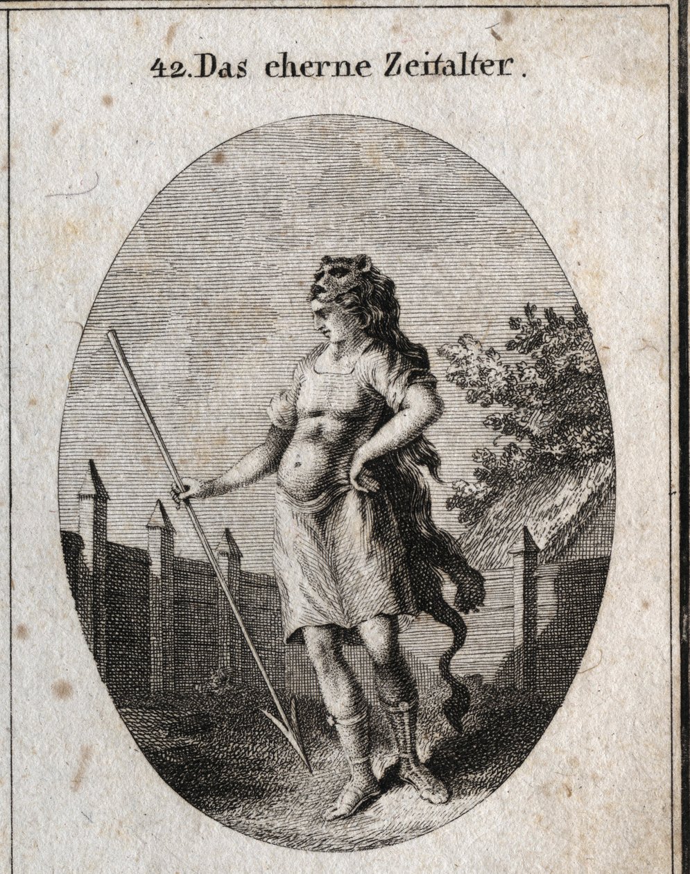 Allegory of the Copper Age representerar som en vaktpost nära ett staket i en stolt attityd vapen av en korselett och ett spjut och mössa av ett lejonskinn. Gravering i "" ikonologi eller idéer från området för passioner och allegorier bildligt avbildade f av Austrian School