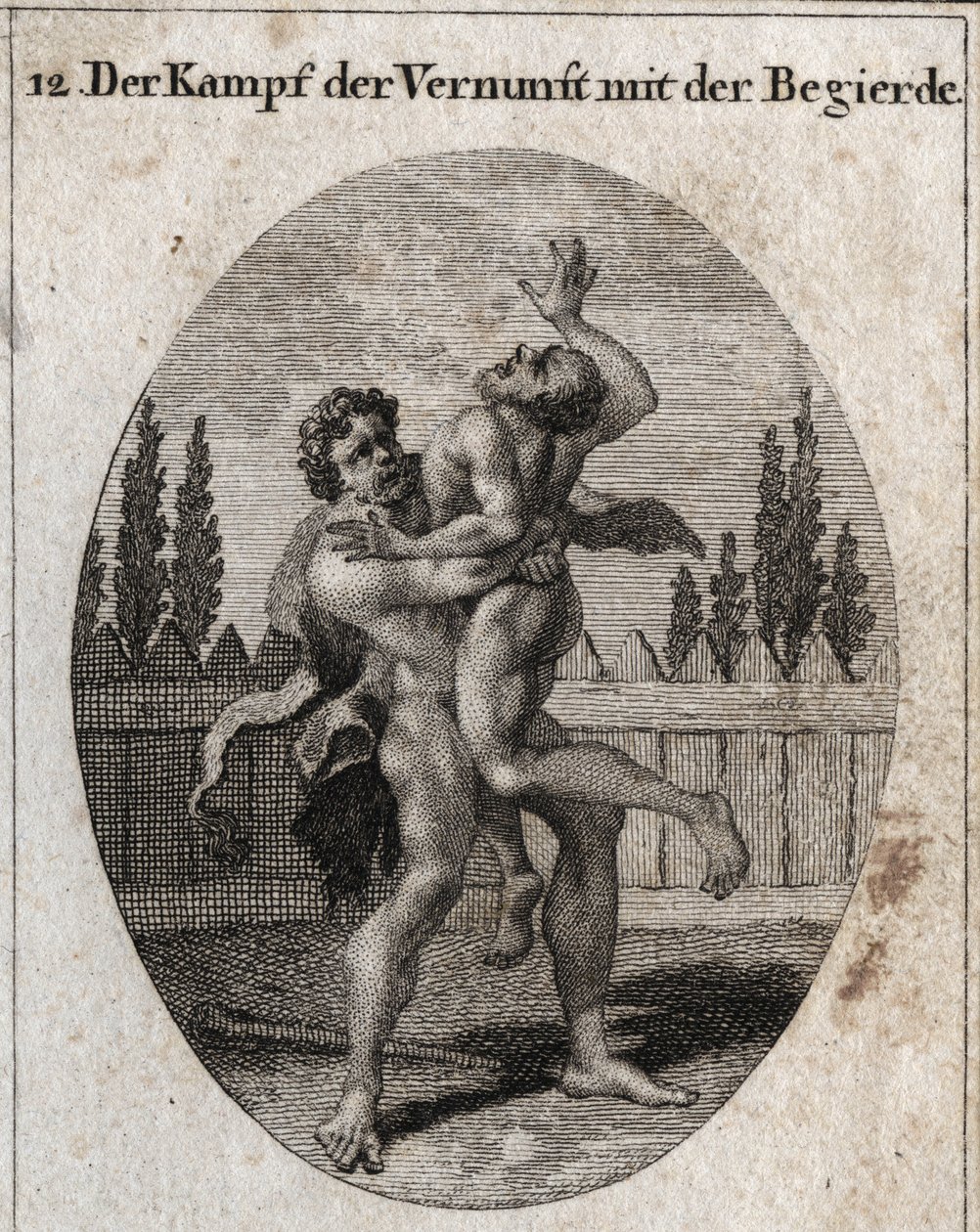 Allegori om förnuftets och aptitens kamp. Den jordiska och köttsliga aptiten skildras av Ante och Herkules (Herakles) symboliserar förnuft, styrka och mod som tar bort och kväver Ante. Gravyr i "" Iconologie oder Ideen aus dem Gebiete der Le av Austrian School