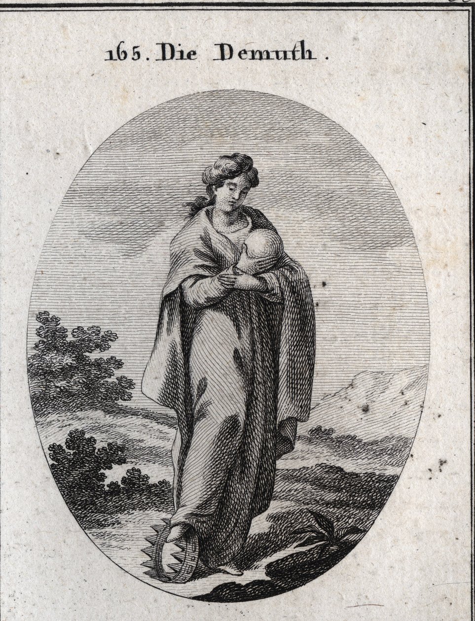 Allegori om ödmjukheten. Under hans fot en krona av guld berikad med ädelstenar. Hon dedain anser en boll som representerar jorden som hon saknar storheten. Gravyr i "" Iconologie oder Ideen aus dem Gebiete der Leidenschaften und Alleg av Austrian School