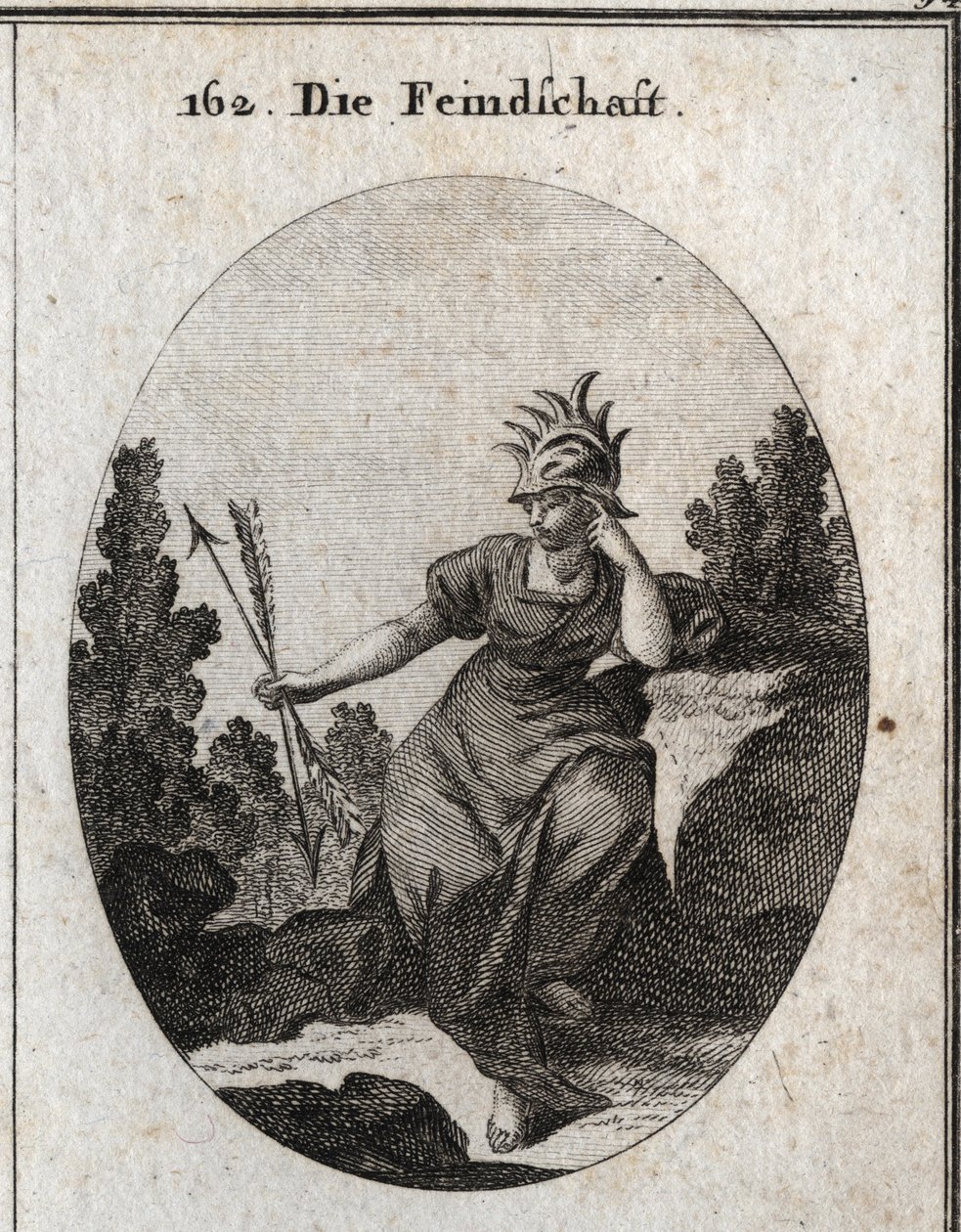 Allegori om inimiten med en hjälm trimmad med järnspetsar. Hennes klänning är översållad med lågor. De två pilar hon håller mot motsatsen är synonyma med motsägelse. Gravyr i "" Iconologie oder Ideen aus dem Gebiete der Leidenschaften und Allegori av Austrian School