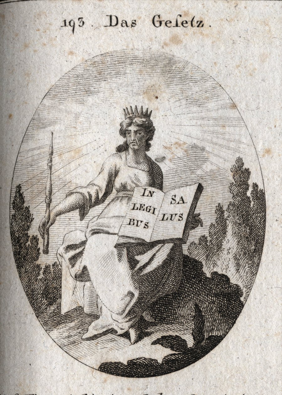 Allegori av lagen. Hans strålande diadem markerar hans gudomliga ursprung. Sceptern betecknar dess auktoritet och boken är öppen eller inskriven "" In Legibus Salus" betyder att den utlovar en belöning till dem som lyder den. Gravyr i "" Iconologie oder Id av Austrian School