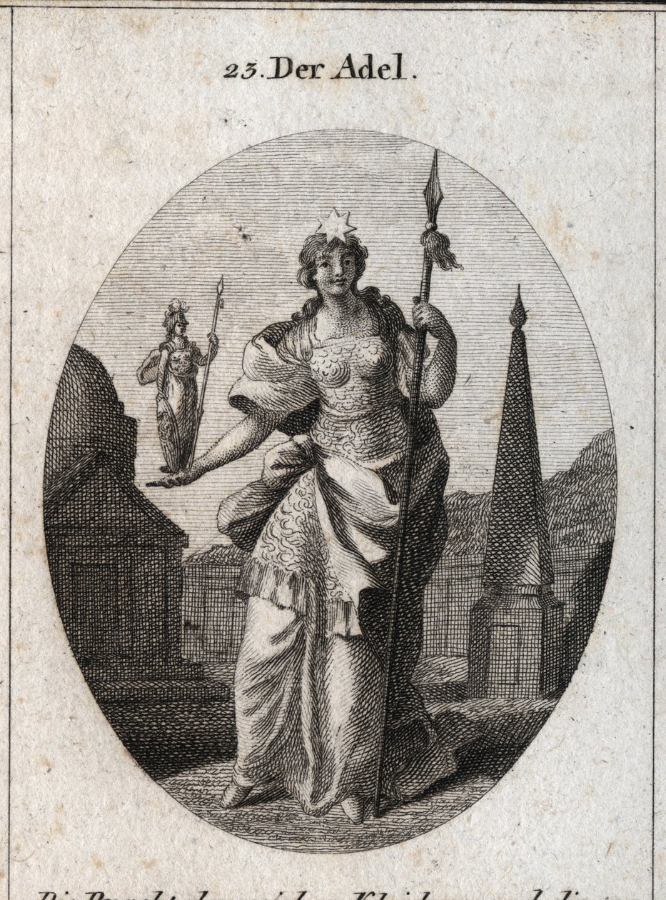 Allegori över adeln. Stjärnan betyder höjning av känslor. Statyn av Minerva och spjutet markerar att den kan förvärva meriter inom vetenskap och vapen. Gravyr i "" Iconologie oder Ideen aus dem Gebiete der Leidenschaften und Allegorien bild av Austrian School