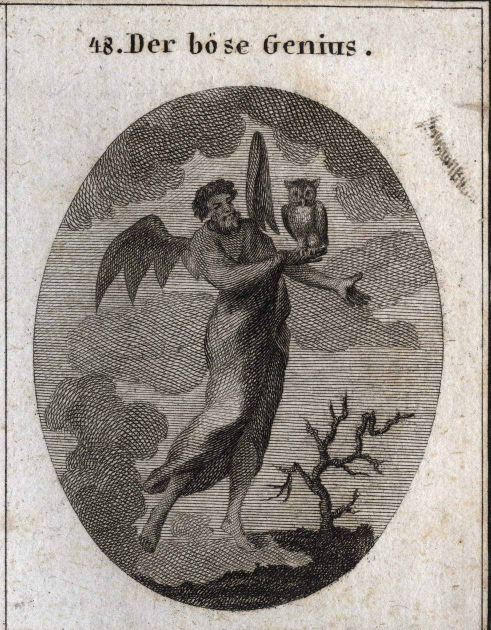 Allegori om den motsatta ande representerad av en dålig ande med fladdermusvingar (fladdermus) och håller en uggla, fågel av dålig pressning. Gravyr i "" ikonologi eller idéer från området passioner och allegorier avbildade för ritare, målare, poeter av Austrian School