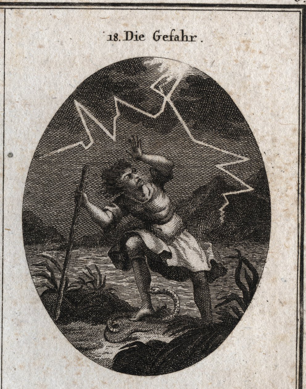 Allegori om faran representerad av en ung man som flyr från en snabb ström genom att sätta sin fot på en orm som sticker honom och samtidigt slog en åska bakom honom. Gravyr i "" Iconologie oder Ideen aus dem Gebiete der Leidenschaften und Allego av Austrian School