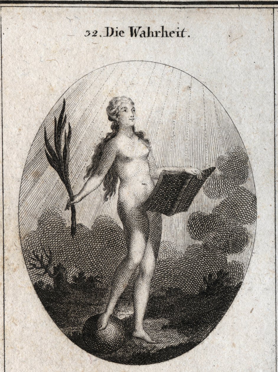 Allegori om sanningen representerade naken utan konstgjordhet och naturliga blickar på solens ljus. Handflatan symboliserar bedrägeriets triumf och boken representerar studier. Gravyr i "" Iconologie oder Ideen aus dem Gebiete der Leidenschaften und Allego av Austrian School