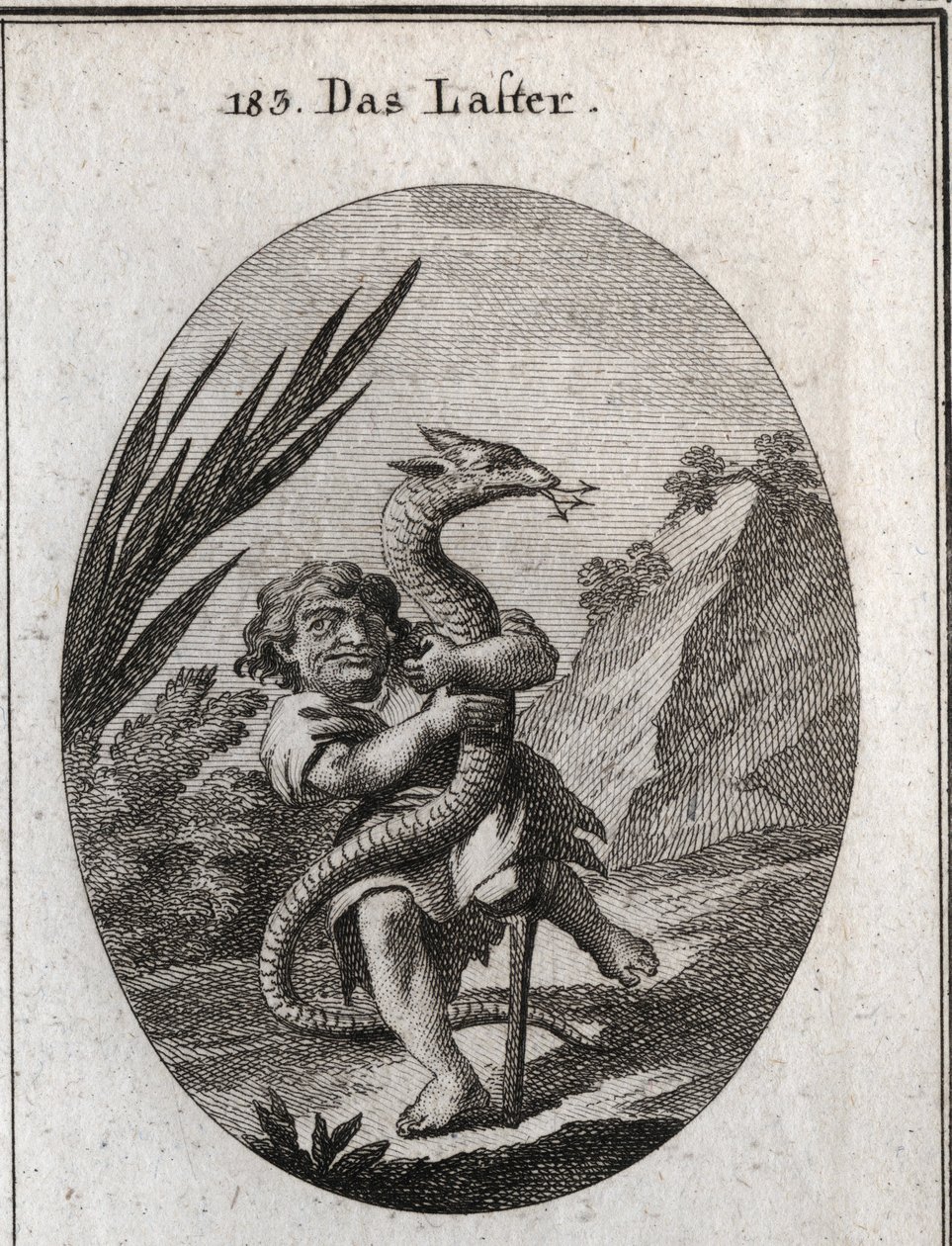 Allegori om last representerad av en dvärg som klämmer en hydra. Gravyr i "Ikonologi eller idéer inom området för passioner och allegorier avbildade för ritare, målare, poeter, forskare, utbildare och vänner av högre smak" av Austrian School