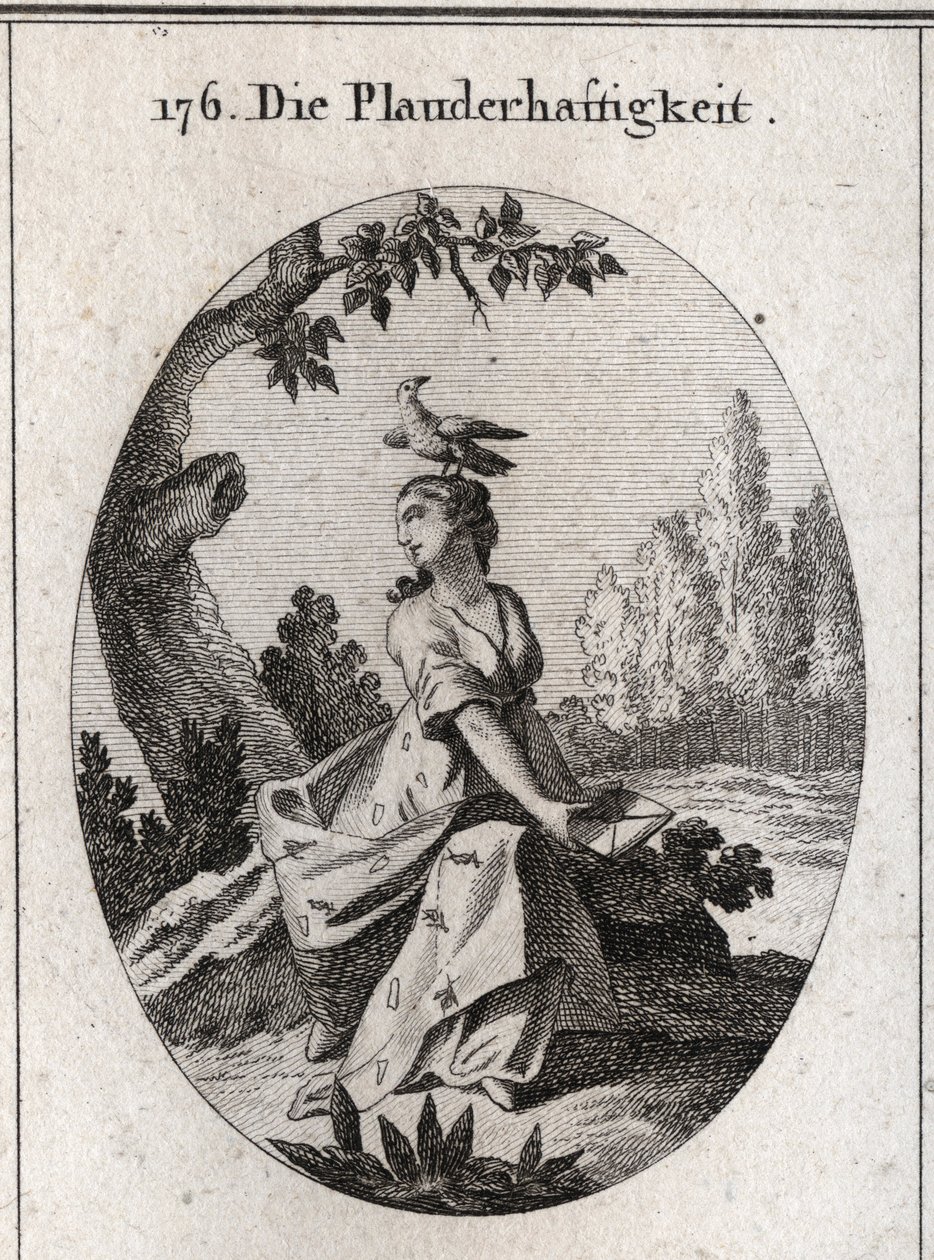 Babylon allegori. Dess draperi är fyllt med cikador och tungor. Hans egenskap är kråkan. Gravyr i "" ikonologi eller idéer från området passioner och allegorier avbildade för ritare, målare, poeter, forskare, utbildare och frilansare av Austrian School