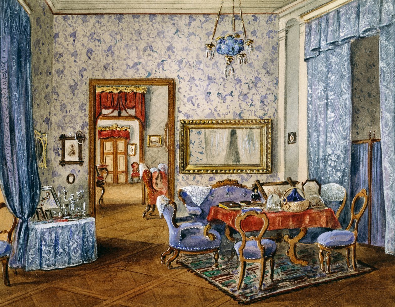 Sovrum i Biedermeierstil, cirka 1830, akvarell, Österrike av Austrian School