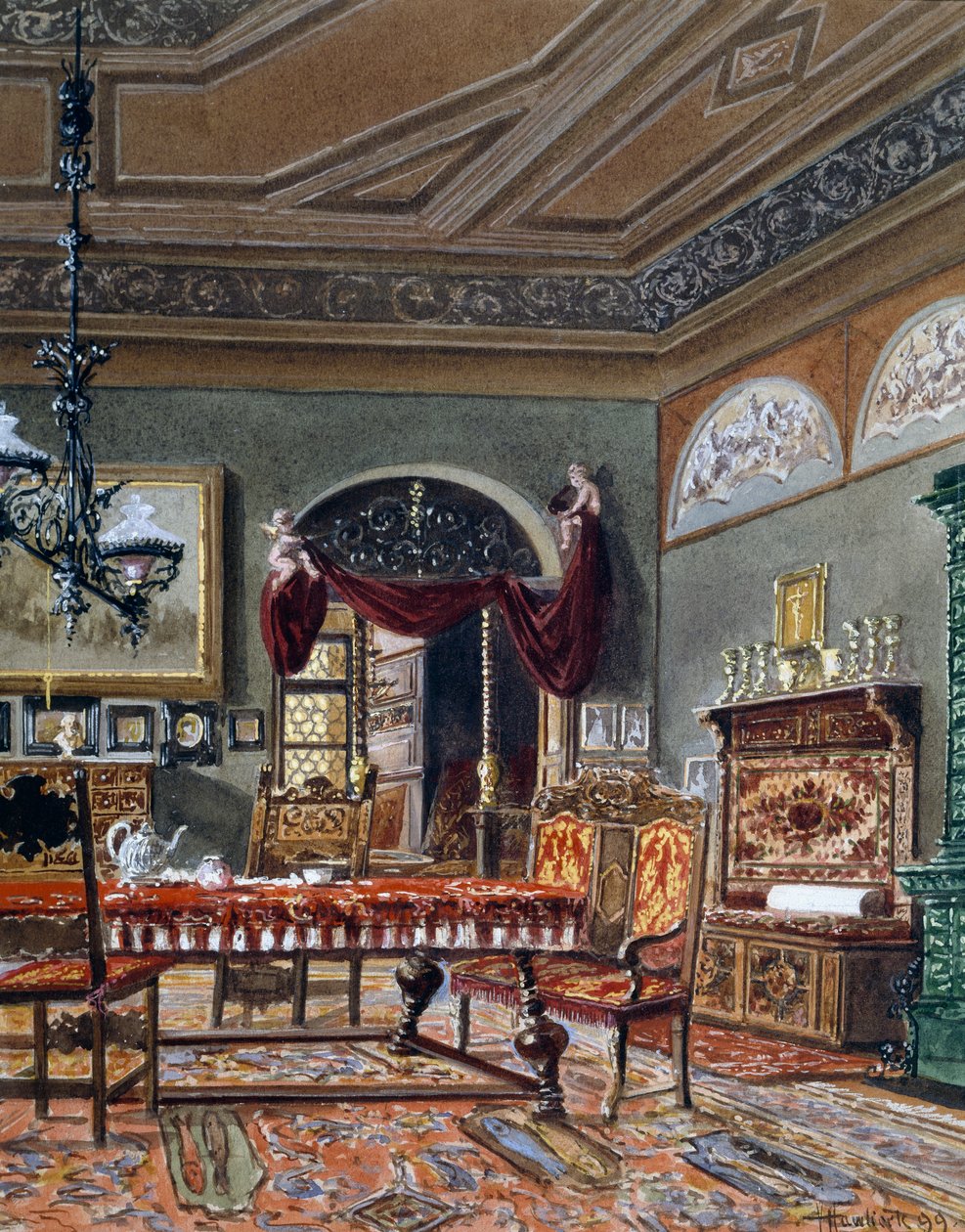 Biedermeier stil hall, akvarell, Österrike av Austrian School