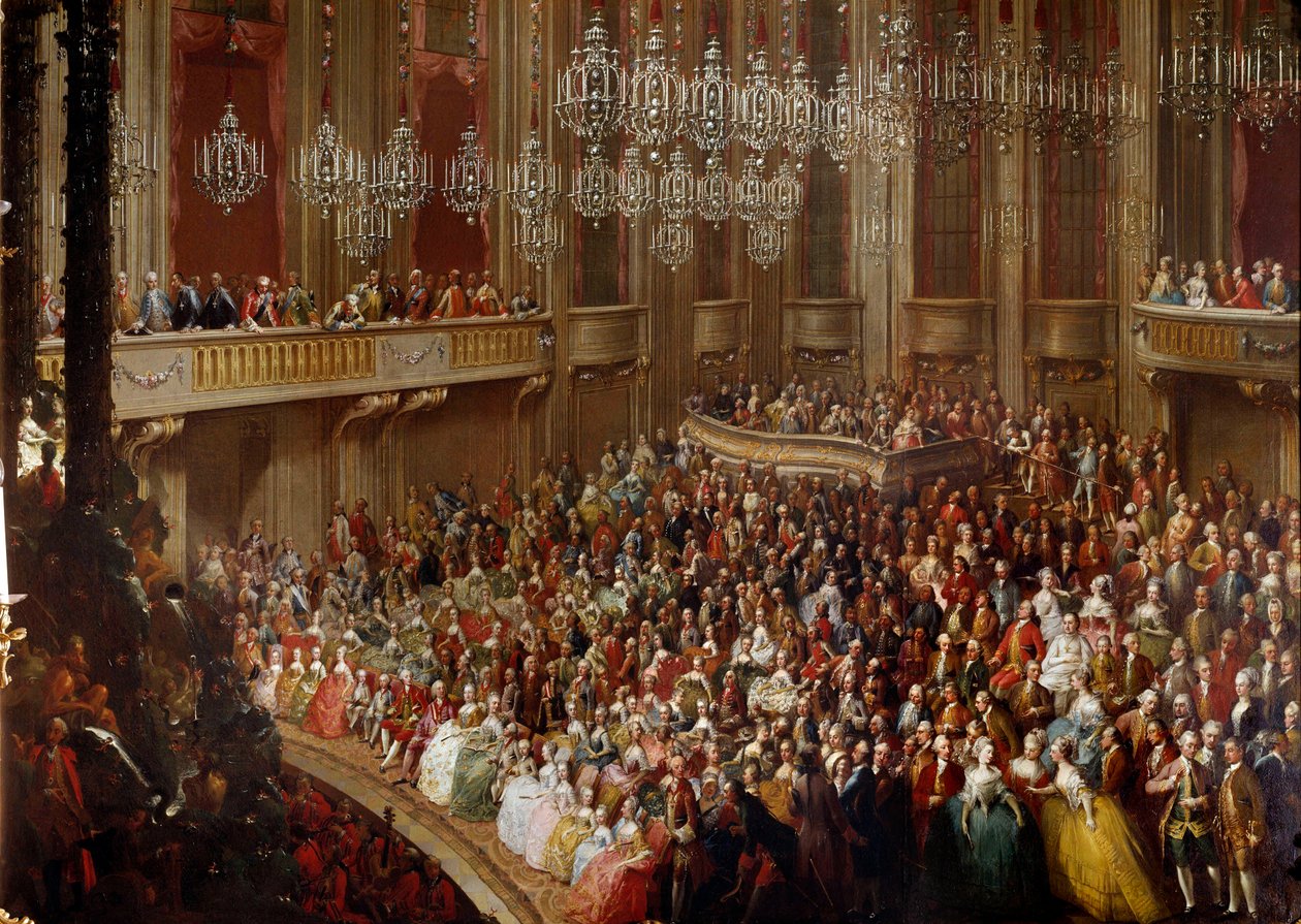 Konsert i Wien i närvaro av den kejserliga familjen. Målning av den österrikiska skolan på 1700-talet. Schönbrunn slott av Austrian School