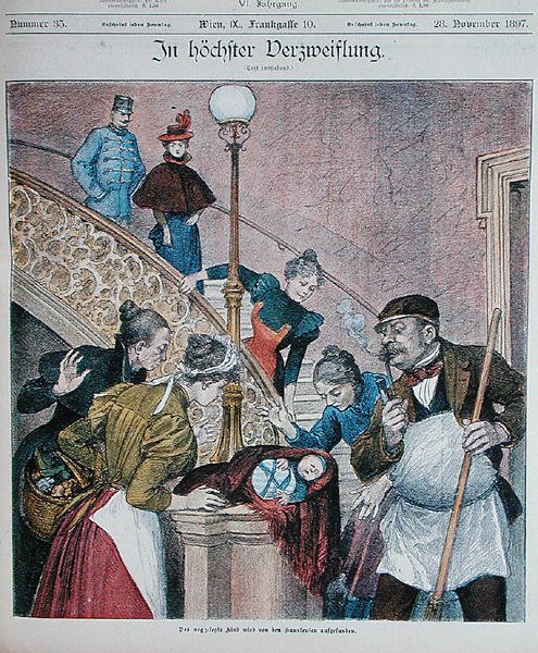 Omslag till en österrikisk tidning som föreställer en baby övergiven på en trappa i ett flerfamiljshus, 28 november 1897 (färg litho) av Austrian School