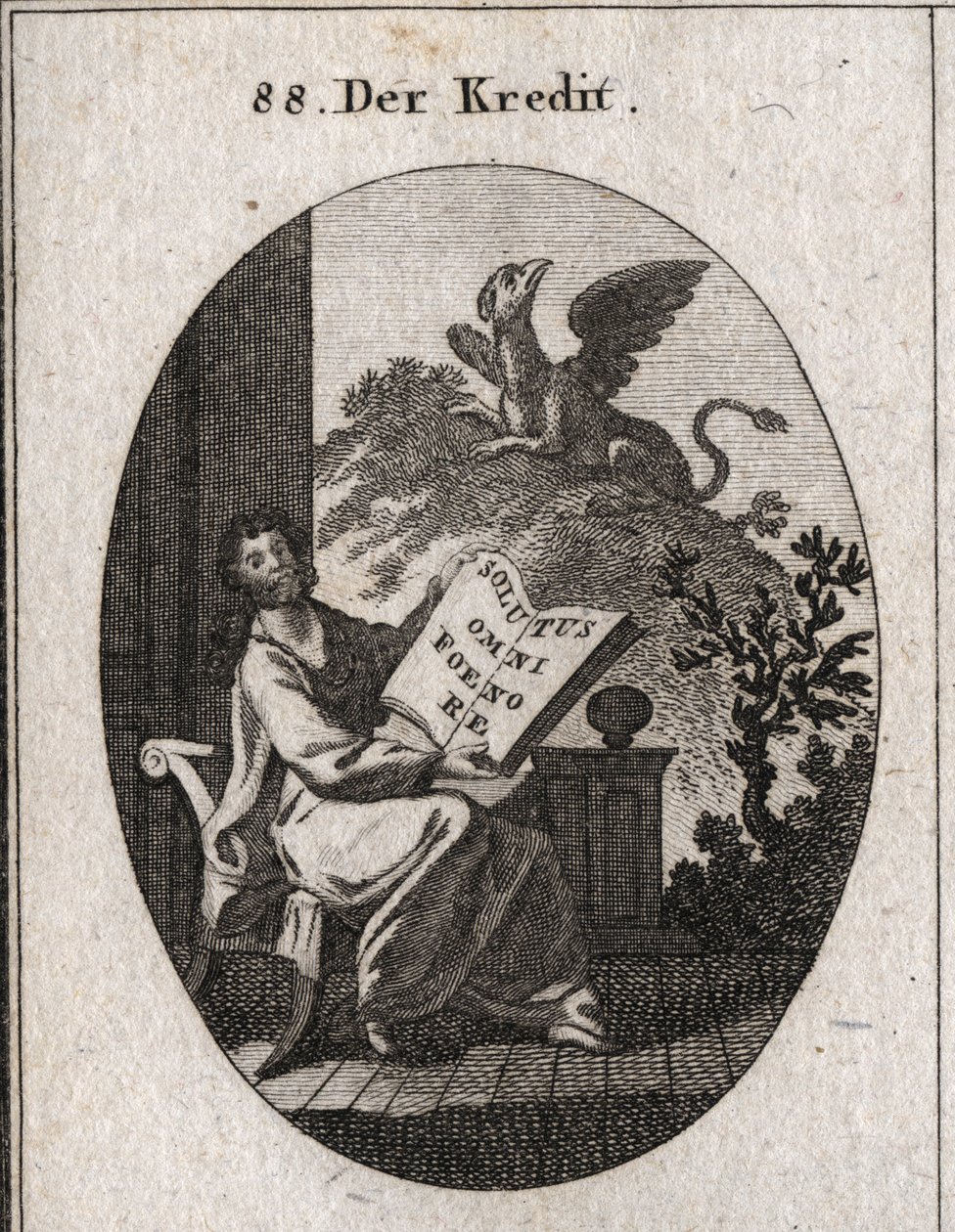 Kredit allegori som håller i en bok med inskriptionen "" Solutus omni foenore"" (Fri från en vinst av alla). I bakgrunden en griffonsymbol för bevarandet och bevarandet av tresorerna. Gravyr i "" Iconologie oder Ideen aus dem Gebiete der Leiden av Austrian School