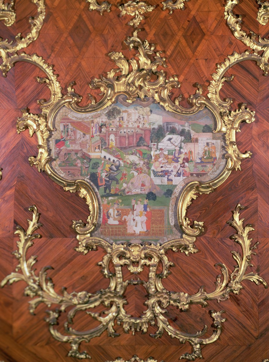 Detalj av panel inlagd med en persisk miniatyr av en nöjesträdgård med människor som festar från Millionen-Zimmer, utarbetad av Nikolaus Pacassi (1716-99) (förgyllt fikonträd) av Austrian School