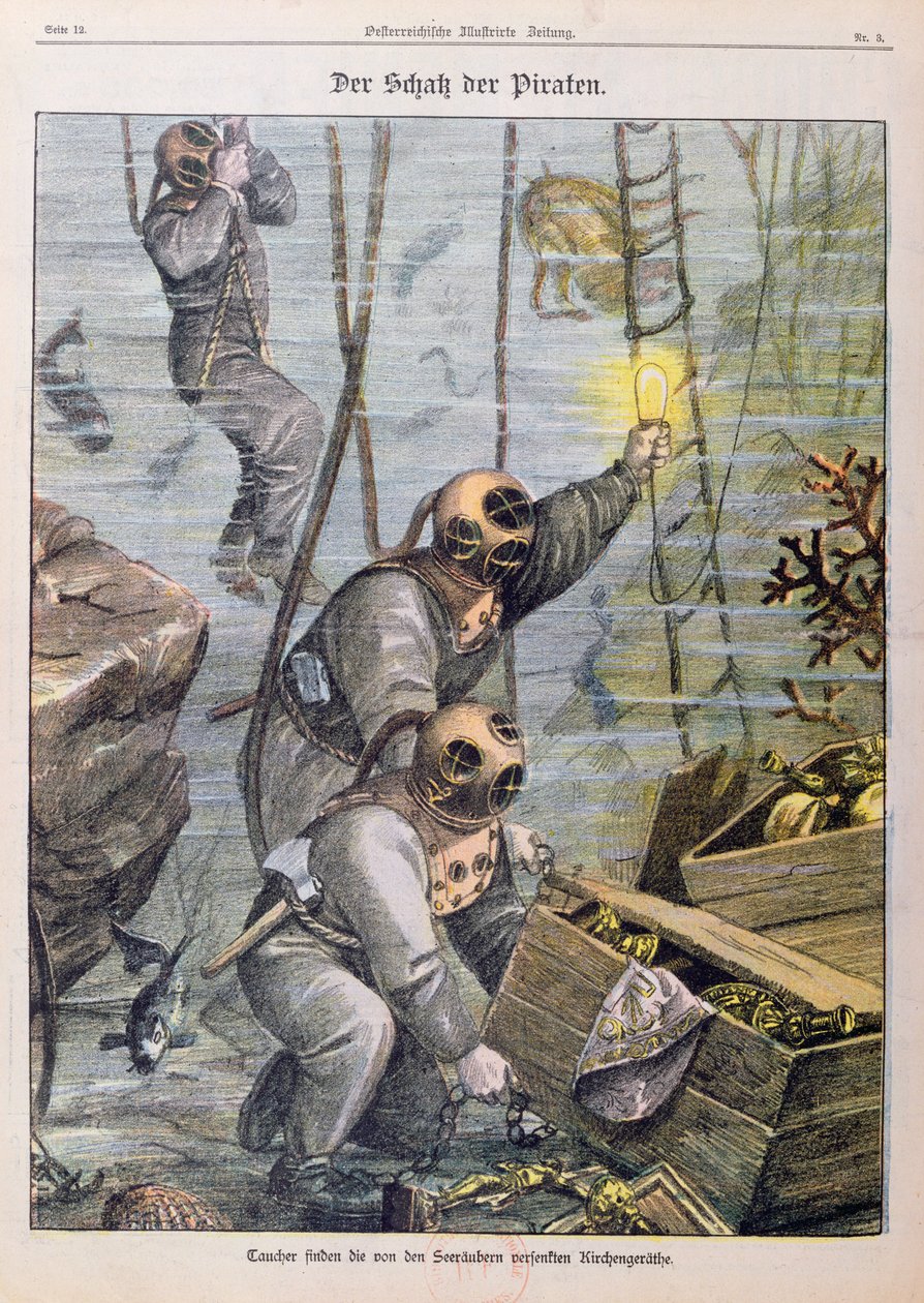 Dykare hittar skatter plundrade av pirater från kyrkor, 1897 av Austrian School