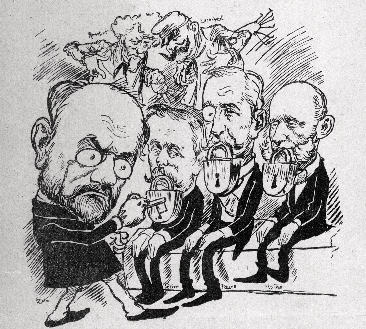 Emile Zola försöker låsa upp låsen som stänger munnen på presidenterna Jean Casimir-Perier (1847-1907) och Felix Faure (1841-1899) samt rådets ordförande Jules Meline (1838-1925), medan han i bakgrunden, Henri Rochefort (1831-1913) berättade för Com av Austrian School