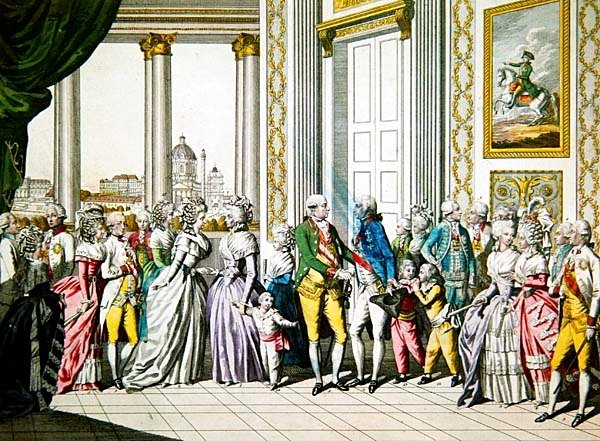 Kejsar Leopold II och hans familj välkomnar Ferdinand I, kung av Neapel och Sicilien och hans familj i Wien av Austrian School