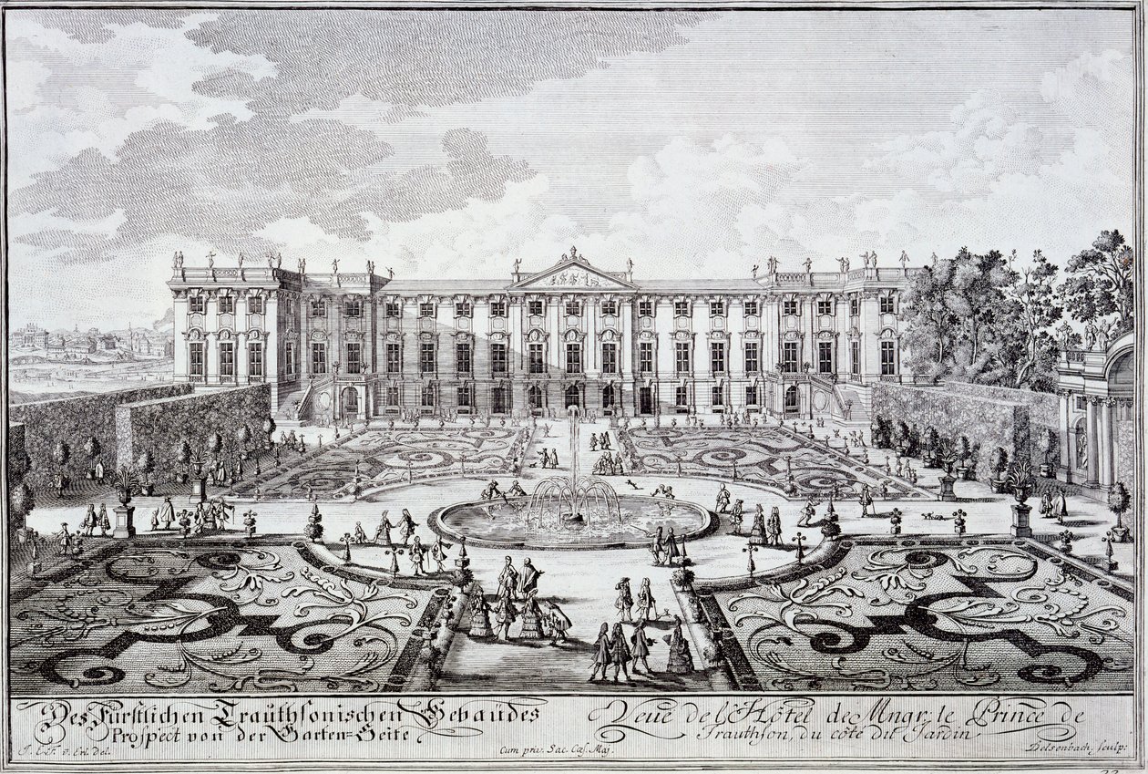 Trädgårdsfronten av Prince of Trauthsons palats, Wien c.1719 av Austrian School
