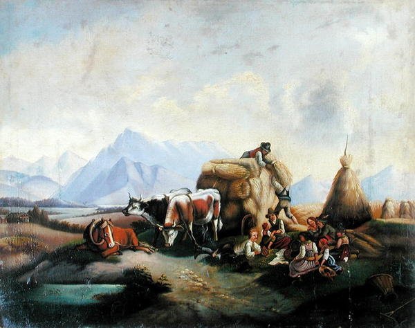 Skördescen i Österrike, mitten av 1800-talet (olja på duk) av Austrian School