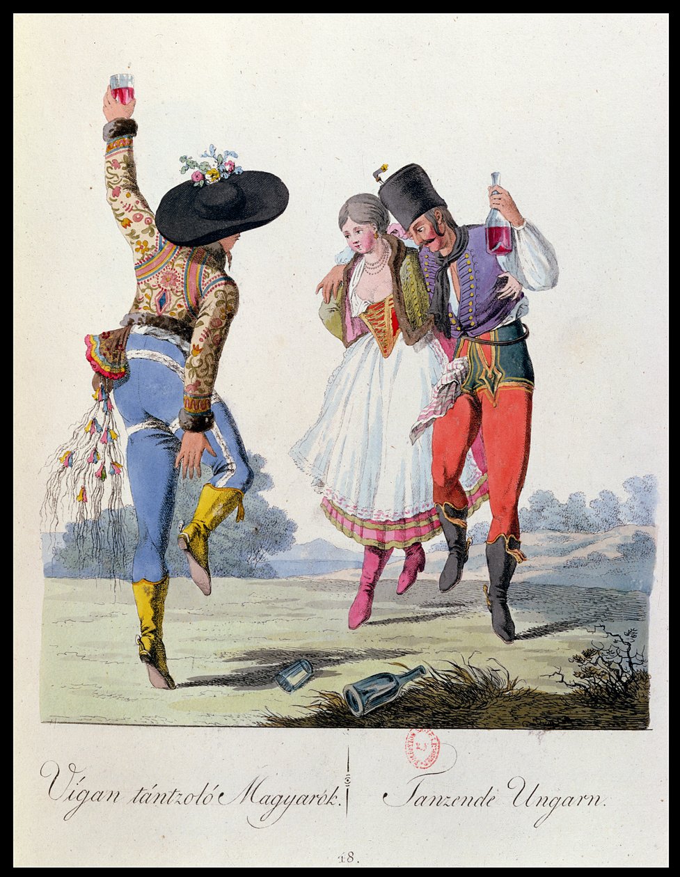 Ungerska dansare i traditionell klädsel, illustration från en bok Costumes de Pannonie av J.H. de Bikkesy, publicerad i Wien, 1810 (färgstick) av Austrian School