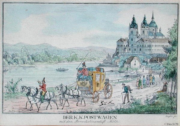 Imperial Austrian Postal Service vagn framför Melk Abbey bredvid floden Donau, tidigt 1800-tal (färggravyr) av Austrian School