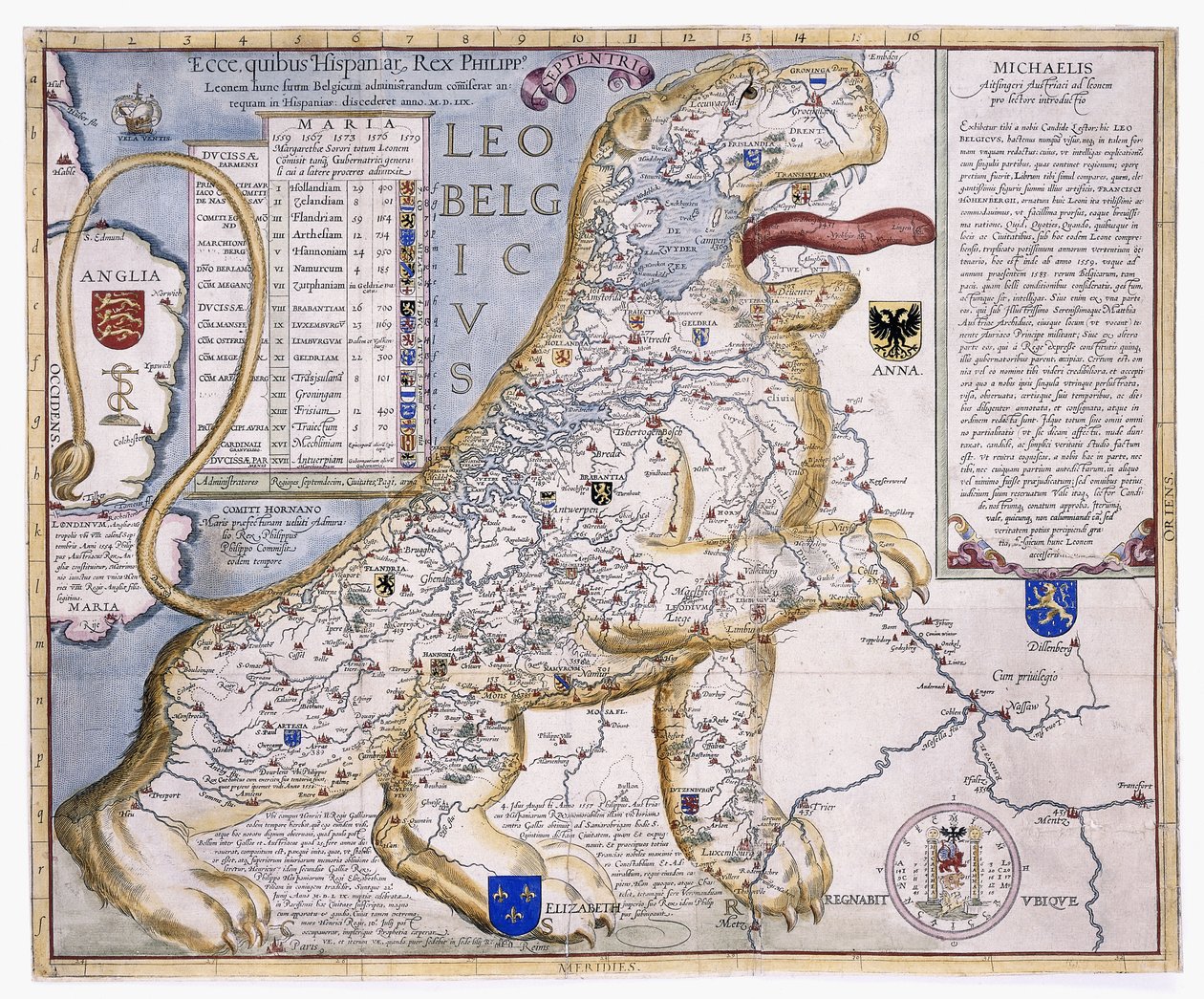 Leo Belgicus, visar de låga länderna i form av ett lejon, 1586 av Austrian School