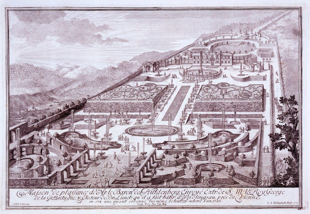 Baron de Huldenburgs magnifika trädgårdar och palats, byggt av honom i Widlingsau, 1719 av Austrian School