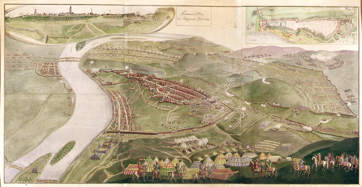 Karta som illustrerar fångsten av Buda, 1686 (färggravyr) av Austrian School