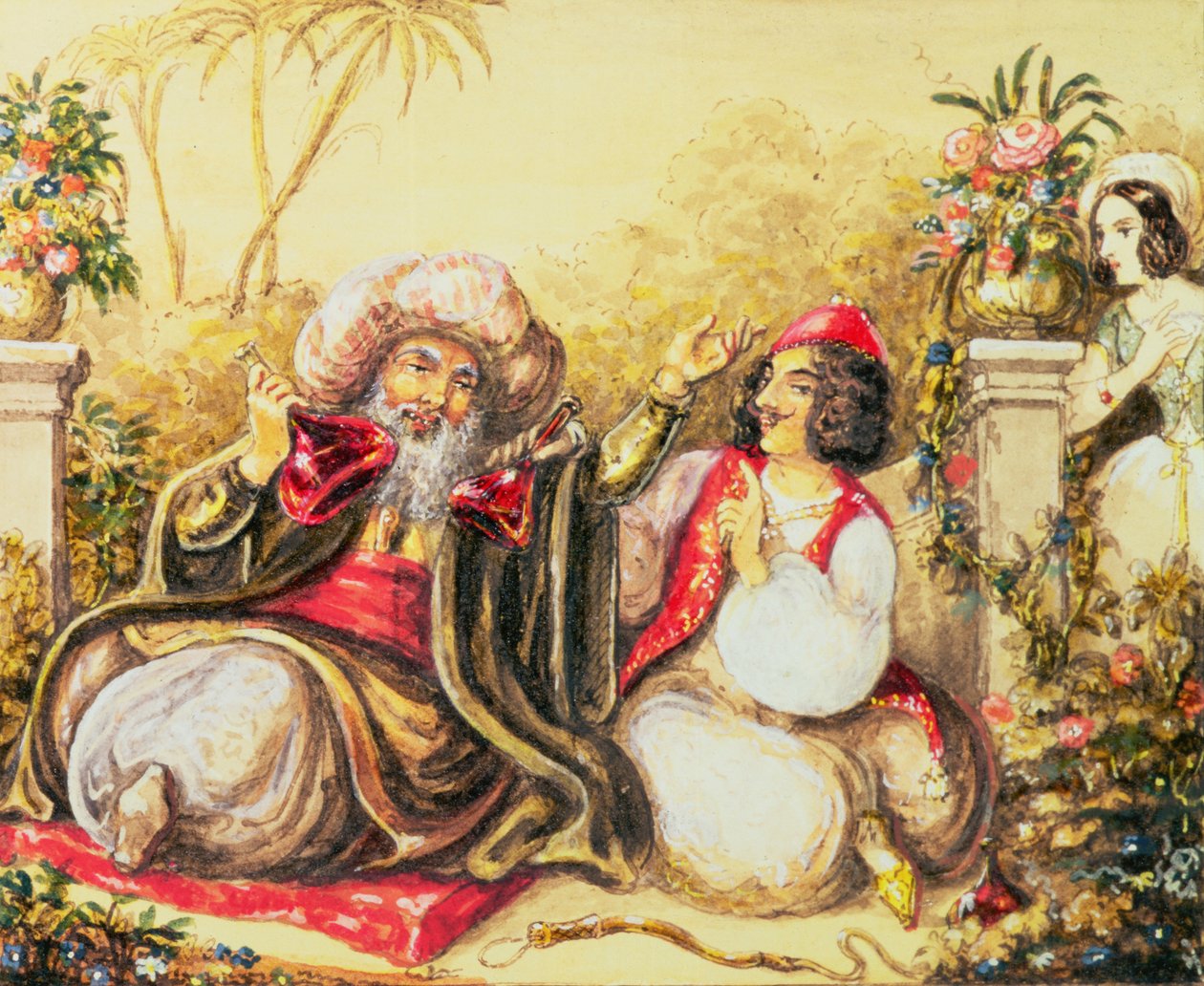 Pedrillo bjuder Osmin på dryck, medan Blonda väntar i bakgrunden, scen ur andra akten, från "Kidnappningen från Seraglio" av Wolfgang Amadeus Mozart (1756-91). av Austrian School