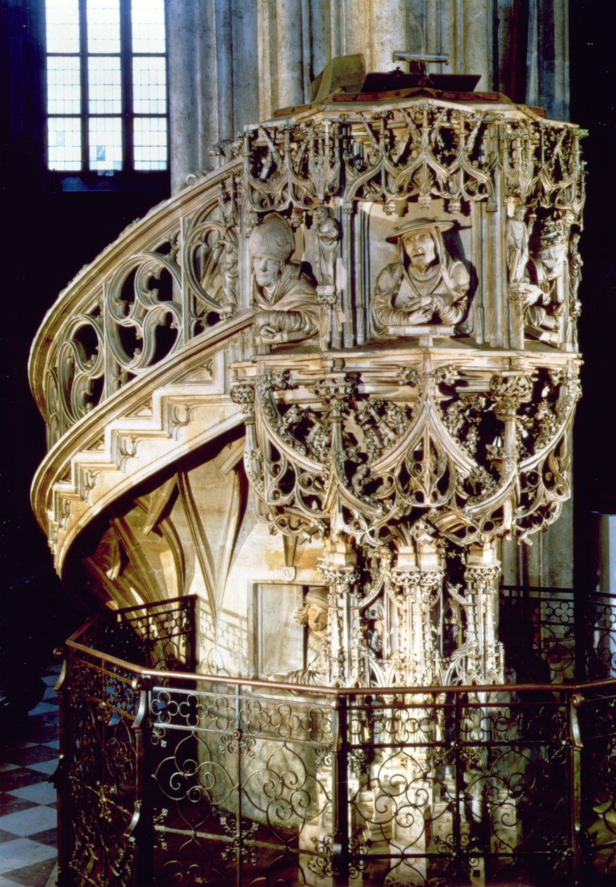 Pilgrims Predikstol, dekorerad med byster av de fyra kyrkans fäder, teologer som representerar de fyra fysiognomiska temperamenten, skulptören själv ser ut från ett fönster nedanför, av Anton Pilgram av Austrian School