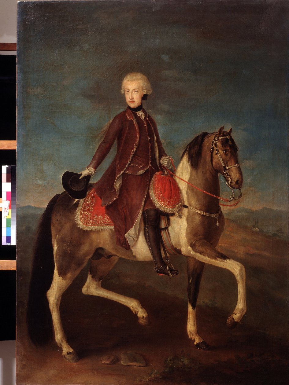 Ridsporträtt av kejsarinnan Maria Theresia av Habsburg av Österrike (1717-1780). Målning av den österrikiska skolan mellan 1740 och 1750 (1700-talet). Klassisk stil. Olja på duk. Pushkin-museet, Moskva. av Austrian School