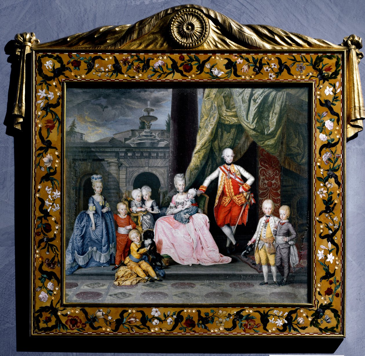 Porträtt av Pierre-Leopold av Habsburg-Lorraine (Pierre Leopold av Habsburg Lorraine) (1747-1792) (då Leopold II av det heliga riket eller Österrike) omger med sin familj (hans fru Marie Louise och deras 8 barn) Miniatyrmålning. 1776 Wien Hofbour av Austrian School