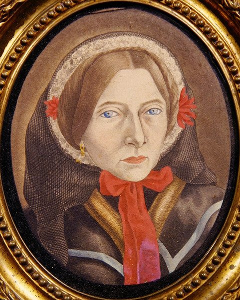 Porträtt av en kvinna med huva och rött band, ca 1830 (gouache på papper) av Austrian School