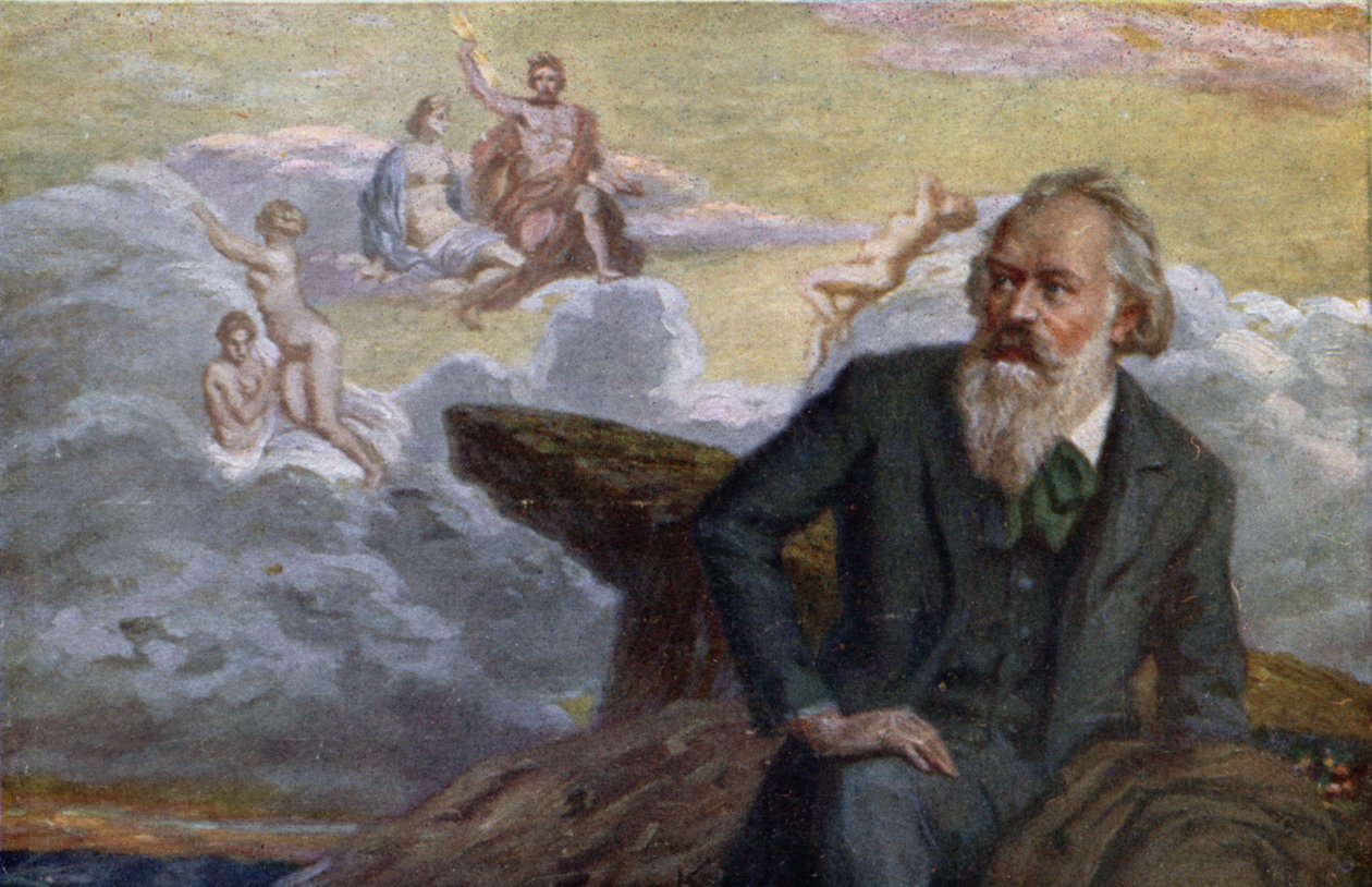 Vykort föreställande Johannes Brahms (1833-97) som komponerar sin 1:a symfoni op.68, ca 1900 av Austrian School