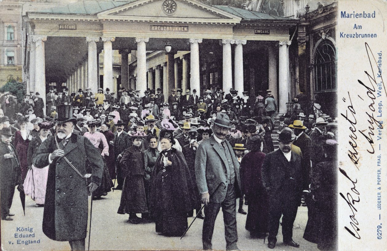 Vykort som visar kung Edward VII (1841-1910) på besök i Marienbads spa, ca 1905 av Austrian School