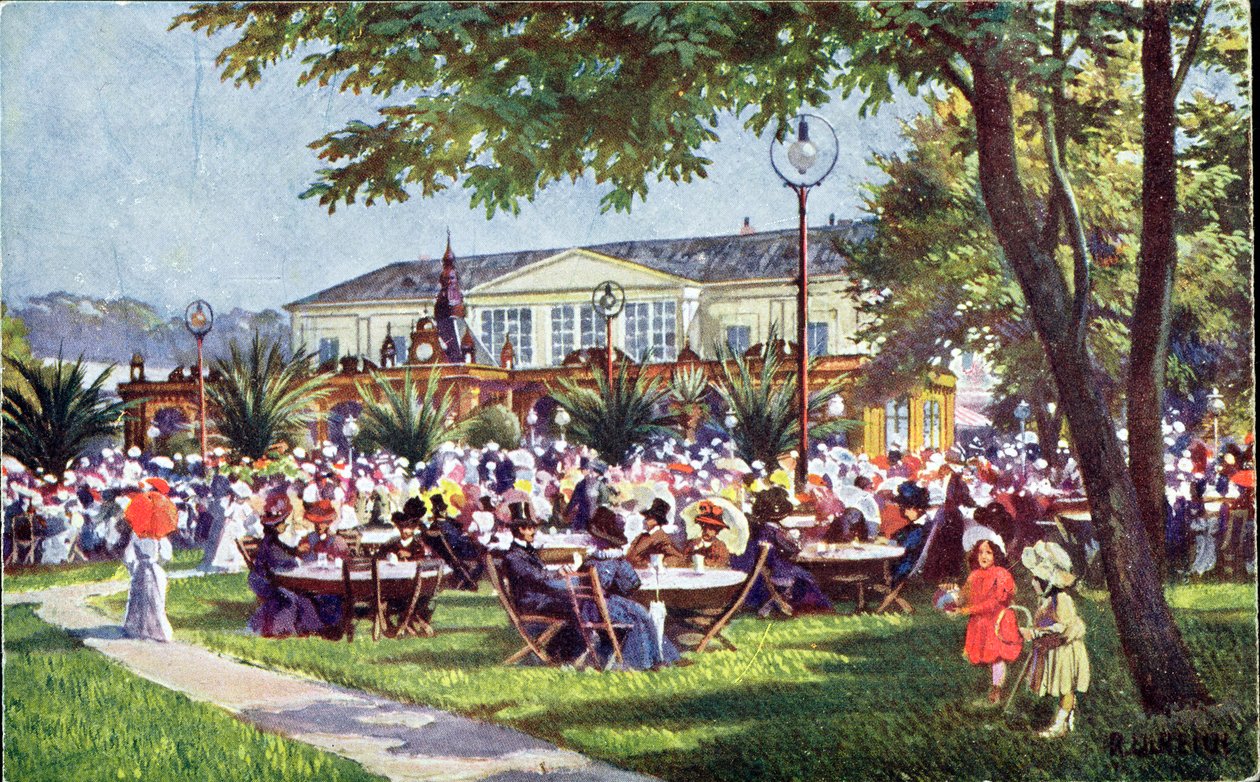 Vykort som visar terrassen på kaféet Meierei-Tivoli, kvarteret Schönbrunn, Wien av Austrian School