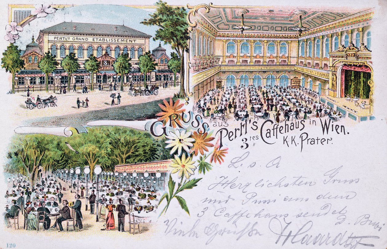 Vykort från Pertls Coffee house i Prater, Wien, 1901 av Austrian School