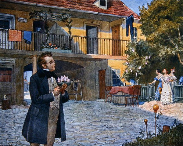 Partitur Omslag till "Das Dreimaederlhaus" ("The House of the Three Girls") med Schubert framför huset, ca 1916 (färglitografi) av Austrian School
