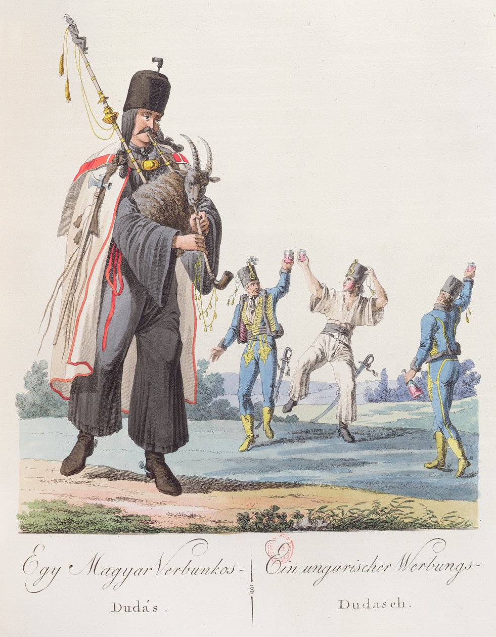 Soldater från ett ungerskt regemente utför en rekryteringsdans, illustration från en bok Costumes de Hongrie, publicerad i Wien, 1810 av Austrian School