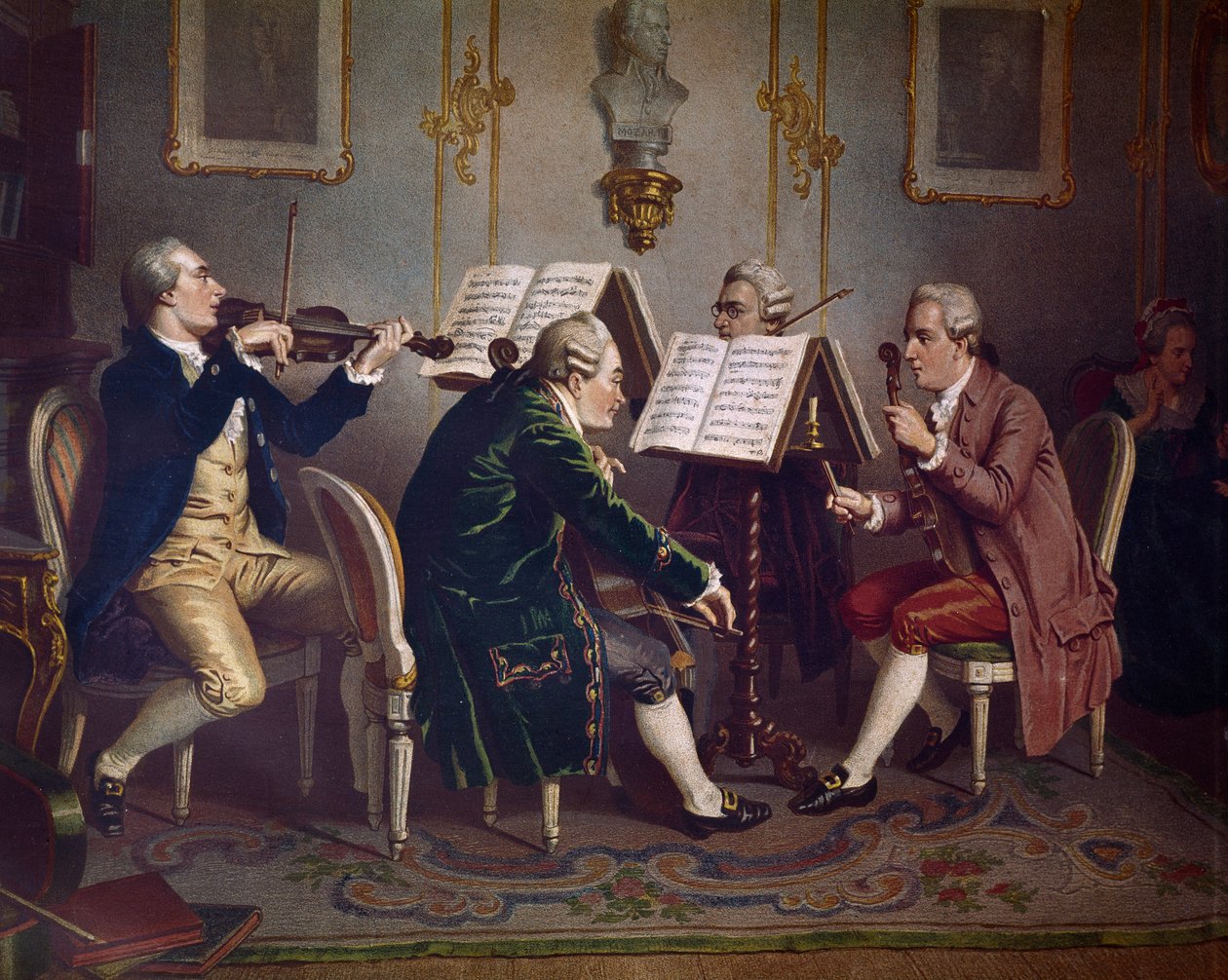 Stråkkvartett som spelar ett Mozarts verk (kammarmusik) (litografi av Austrian School