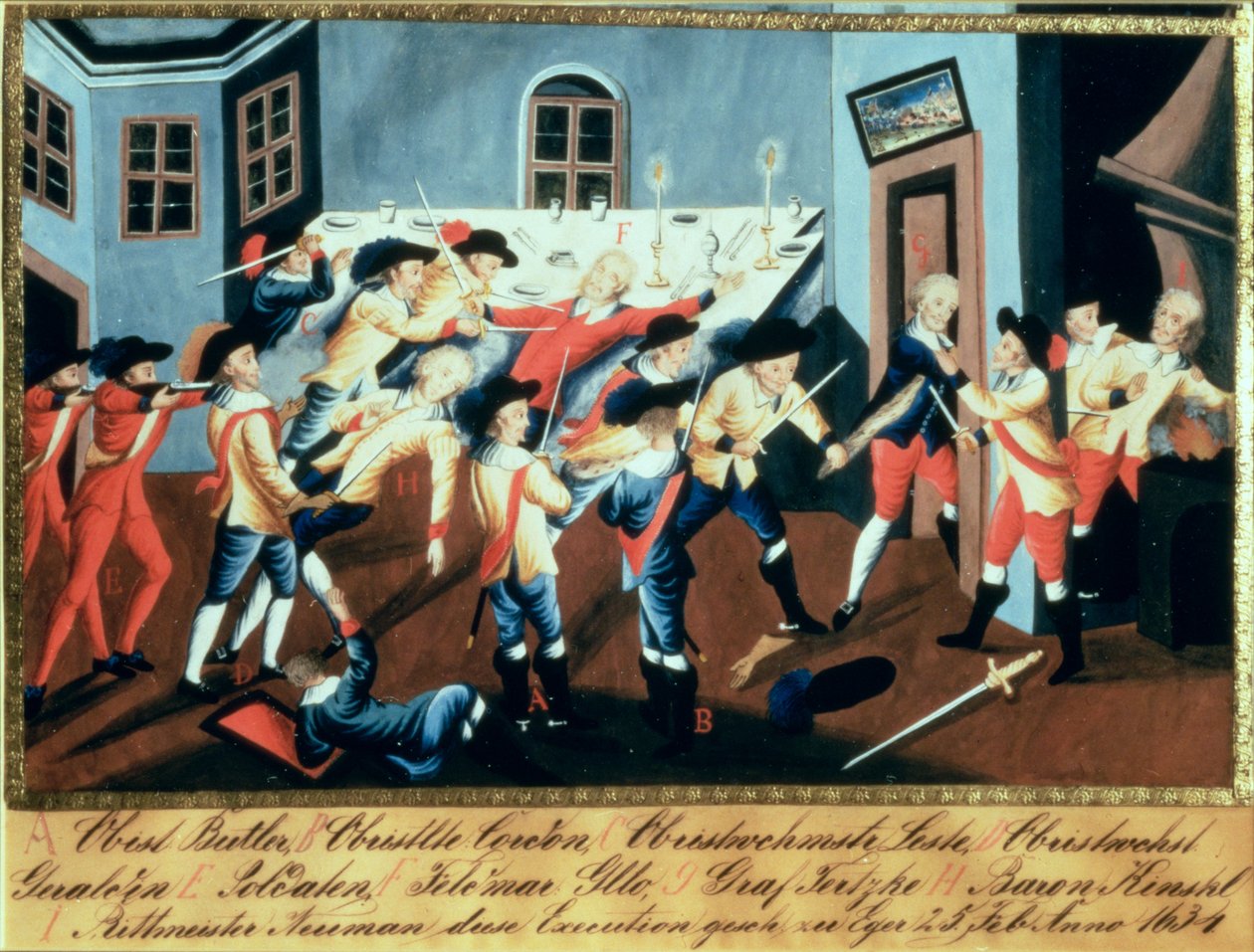 Gripandet av Albrecht von Wallenstein (1583-1634) i Eger av en styrka av irländska och skotska officerare under befäl av general Butler av Austrian School