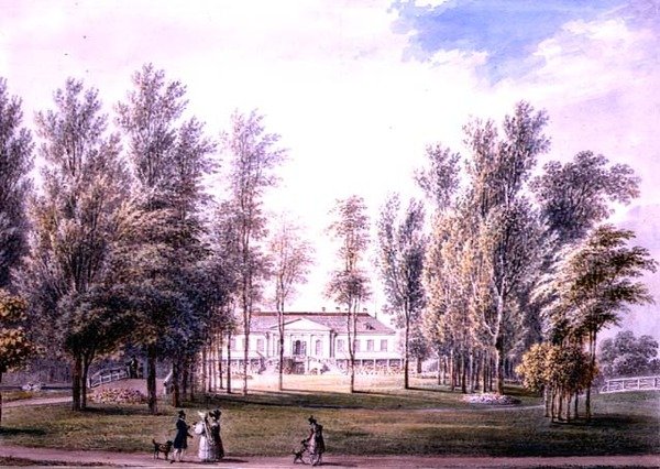 Utsikt över ett hus på landet i en park, ca 1815 (akvarell på papper) av Austrian School