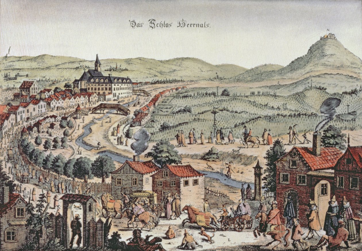 Utsikt över norra Wien med Schlos Hernals och Kahlenberg-kullarna i bakgrunden (gravyr) av Austrian School